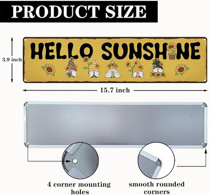 Garden Metal Tin Sign, Hello Sunshine Sign, Vintage Sunflower Farmhouse Wall Art, for Yard Fence Porch, Rustic Outdoor Garden Decoration, Gifts for Gnome Lovers, 15.7 x 3.9 Inches