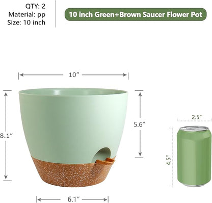 WSMKSZ 10 inch Self Watering Pots, 2 Pack Plastic Planters with Mesh Drainage Holes for Garden Plants and Flower, Plants Pots with Deep Reservoir for Indoor Outdoor Plants, Green with Brown