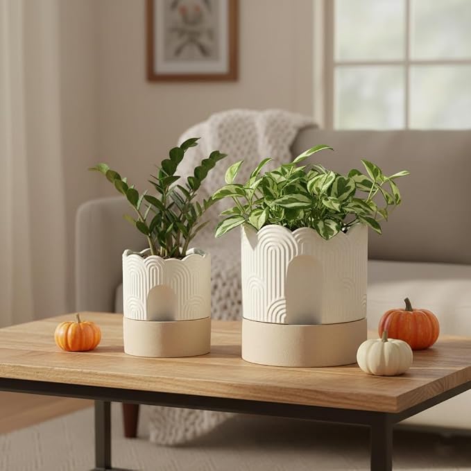 Nihow Ceramic Self Watering Pots for Indoor Plants, 6+8 Inch,Beige Set 2 | Visible Water Level Fill Port,Planter with Cotton Wick,Water Storage Plus, Cylinder Round Flower Pot, Succulent/Herbs/Violets