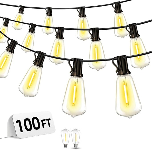 Outdoor Patio String Lights 100ft: ST38 LED Shatterproof Bulbs 3 Modes Button Control - Waterproof Connectable Lights - Wedding Bistro Party Gazebo Backyard Decorative
