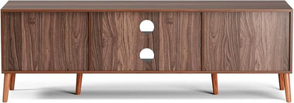 ZttRiee TV Stand with Rattan Doors for TVs up to 65", Mid-Century, Walnut | 54.7"W x 15.7"D x 18.9"H, 150 lbs capacity, 2 rattan-door cabinets & 1 shelf (4 compartments), 2 cord holes, 6 wood feet