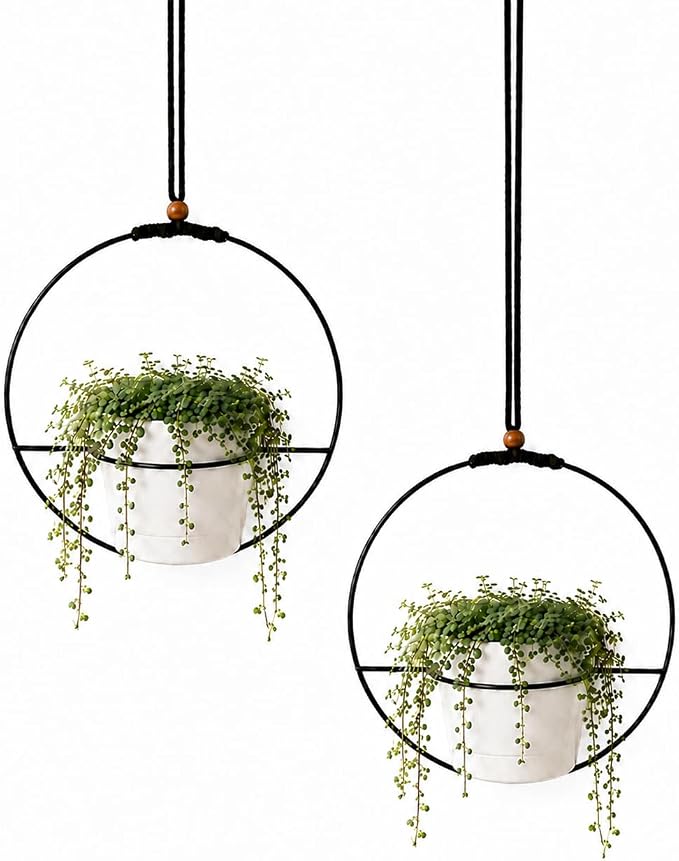 vensovo Decorative Hanging Planter Set of 2 – Round Metal Frame Hanging Plant Holders with Braided Rope, Wooden Bead Accent & White Plastic Pots – Indoor Outdoor Modern Home Decor