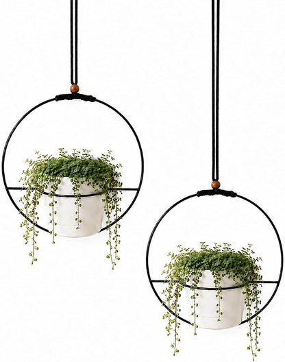 vensovo Decorative Hanging Planter Set of 2 – Round Metal Frame Hanging Plant Holders with Braided Rope, Wooden Bead Accent & White Plastic Pots – Indoor Outdoor Modern Home Decor