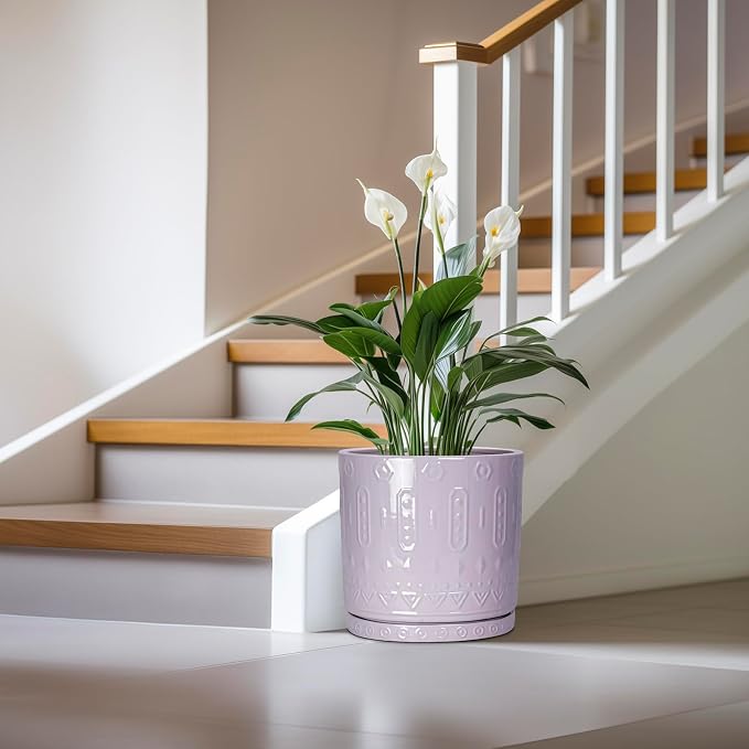 Eightpot Ceramic Plant Pots, 12 Inch Pots for Plants Indoor Outdoor, Round Planter with Drainage Hole and Tray, Modern Decorative Flower Pot, Home Apartment Decor, House Warming Gifts, Purple