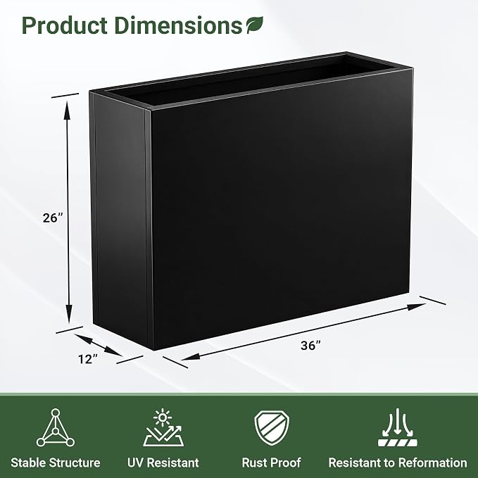 36" Metal Planter Box, Large Rectangular Window Box | with Drainage Holes & Rust-Proof Coating, Modern Outdoor/Indoor Flower Box for Balcony, Patio & Herbs, Black