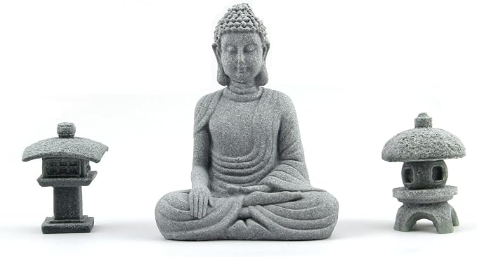 Buddha Statue and 2 Japanese Lantern Pagoda Statues - Zen Garden Accessories for Home and Mini Meditation Decor