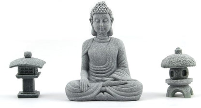 Buddha Statue and 2 Japanese Lantern Pagoda Statues - Zen Garden Accessories for Home and Mini Meditation Decor