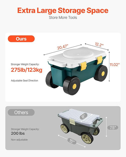 VEVOR Small Garden Seat, 2 in 1 Rolling Garden Cart with Storage Bin, Supports up to 227 lbs, Compact Outdoor Garden Scooter with Handle, Garden Stool for Yard Weeding Planting
