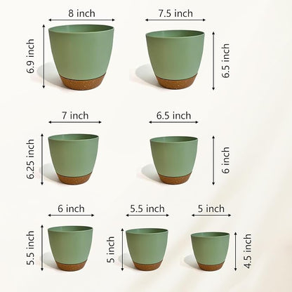 LIFFY Plant Pots, 8,7.5,7,6.5,6,5.5,5 Inch Plastic Self Watering Planters with Drainage Holes & Saucers, 7-Pack Green Nursery Planting Pot with Deep Reservoir for Indoor Outdoor Plants