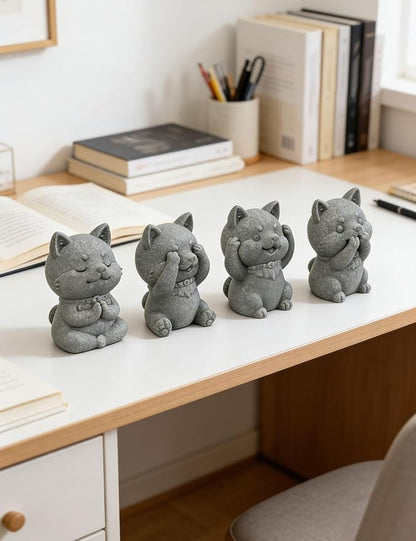 4 Piece Cute Dog Figurine Set, Sandstone See no Evil,Hear no Evil,Speak no Evil,Do no Evil Statues, Zen Garden/Desk Decor