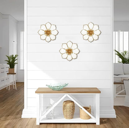 Metal Flowers Wall Decor White and Gold Wall Art Decorations Hanging 3 Pc Rustic Modern Floral Sculpture Wall Accent Artwork Indoor Outdoor for Bathroom Kitchen Bedroom Living Room Patio Porch 10 Inch