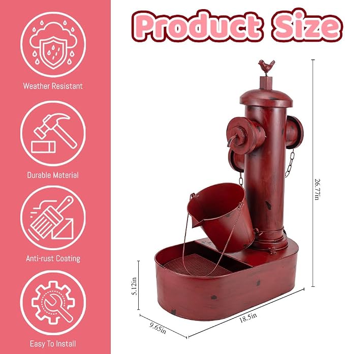 2-Tier Outdoor Water Fountain, 27" Heavy-Duty Metal Garden Fountains | Rustic Waterfall with Pumb & Debris Filter Screen, Rustproof Fire Hydrant Soothing Water Flow for Patio Yard Porch Decor