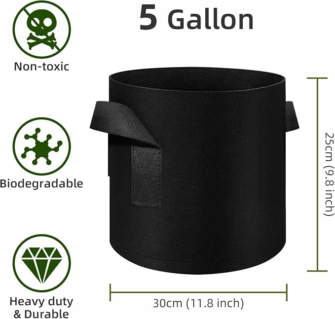 24 Pack 5 Gallon Plant Grow Bags, Thickened Nonwoven Fabric Pots with Handles, Vegetable Planter Bags Containers, Cloth Planters for Garden Vegetable/Flower/Plant/Fruits Outdoor (Black)