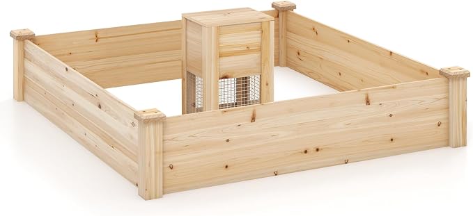 Giantex Raised Garden Bed, 49"x49"x10" Wood Planter Box Kit w/Compost Bin & Open-Ended Bottom for Vegetables, Flowers, Herbs, Fruits, Elevated Square Planting Bed for Patio, Backyard, Garden