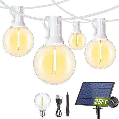 Mlambert 25FT Solar Powered String Lights Outdoor, Waterproof Solar Patio Light String with 10+1 Shatterproof LED G40 Bulbs for Backyard Garden-White