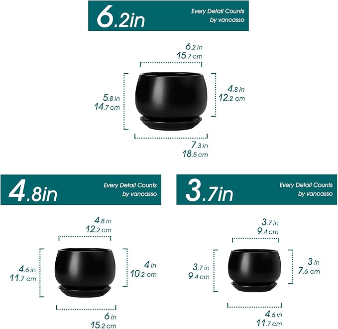 vancasso 3-Pack Ceramic Plant Pots, 3.7/4.8/6.2 Inch Indoor Planters with Saucers & Drainage Hole Planter pots for Indoor Plants and Flower, Black
