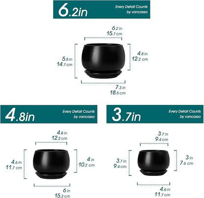 vancasso 3-Pack Ceramic Plant Pots, 3.7/4.8/6.2 Inch Indoor Planters with Saucers & Drainage Hole Planter pots for Indoor Plants and Flower, Black