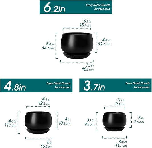 vancasso 3-Pack Ceramic Plant Pots, 3.7/4.8/6.2 Inch Indoor Planters with Saucers & Drainage Hole Planter pots for Indoor Plants and Flower, Black