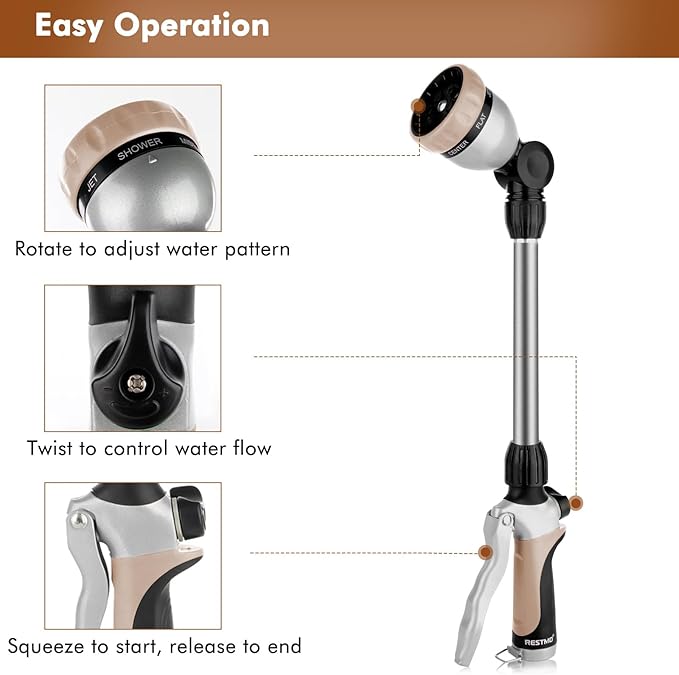 RESTMO Heavy Duty Metal Hose Wand, Watering Wand for Garden Hose | 180° Swivel Ratcheting Head, 16'' Hose Sprayer, 7 Spray Patterns, Flow Control, Ideal for Hanging Baskets & Shrubs, Gold