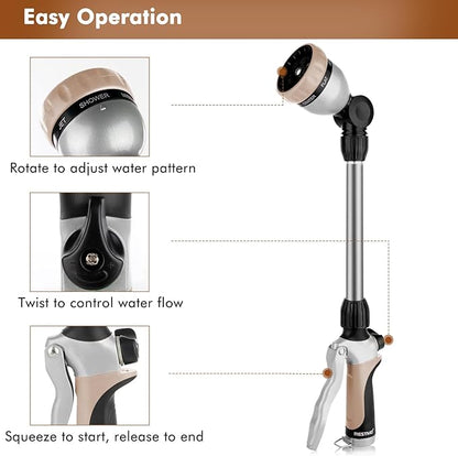 RESTMO Heavy Duty Metal Hose Wand, Watering Wand for Garden Hose | 180° Swivel Ratcheting Head, 16'' Hose Sprayer, 7 Spray Patterns, Flow Control, Ideal for Hanging Baskets & Shrubs, Gold