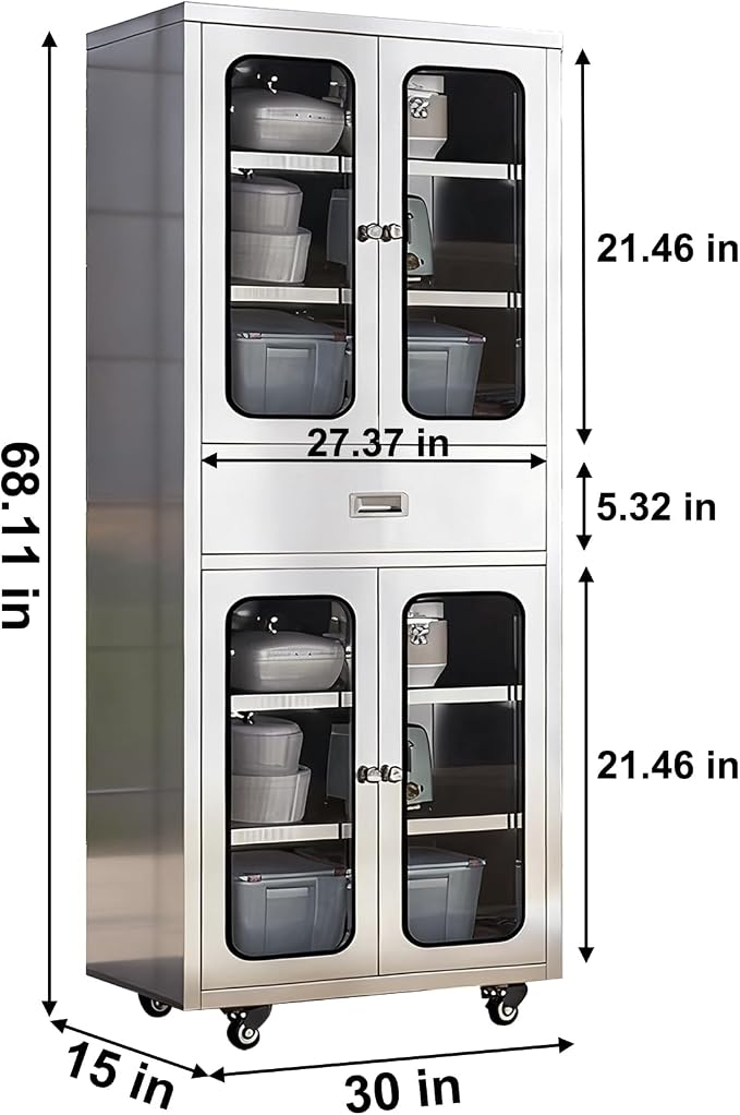 68" Full-Assembled Stainless Steel Cabinet with 1 Drawer and Glass Doors, 6-Tier Rolling Kitchen Pantry Storage Cabinet with Wheels for Garage, Warehouse, Utility Room, Laundry Room, Restaurant, Cafe