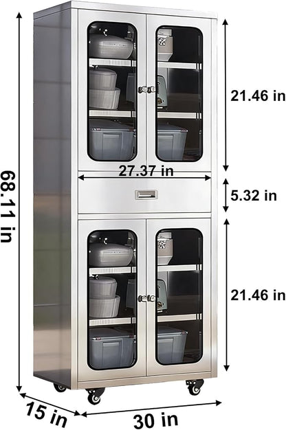 68" Full-Assembled Stainless Steel Cabinet with 1 Drawer and Glass Doors, 6-Tier Rolling Kitchen Pantry Storage Cabinet with Wheels for Garage, Warehouse, Utility Room, Laundry Room, Restaurant, Cafe