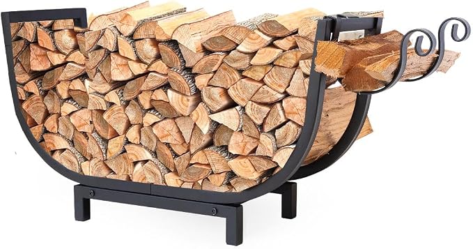 FireProof Pros Firewood Rack Outdoor and Indoor Firewood Storage with Kindling Wood Hooks. 24.5 in curved Double Coated Fire Wood Rack. Waterproof Rustproof Stable Log Holder and Fireplace Organizer