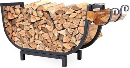 FireProof Pros Firewood Rack Outdoor and Indoor Firewood Storage with Kindling Wood Hooks. 24.5 in curved Double Coated Fire Wood Rack. Waterproof Rustproof Stable Log Holder and Fireplace Organizer