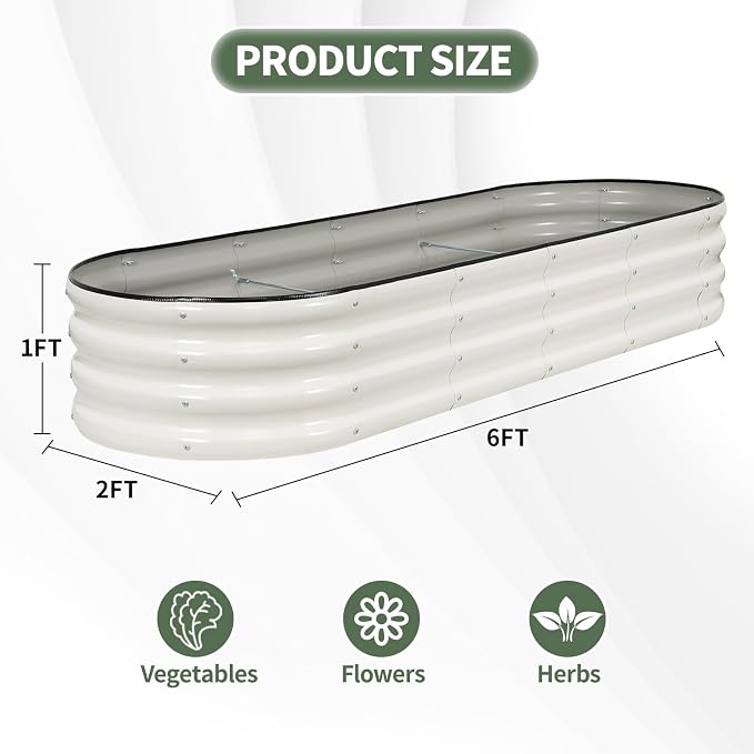 1MORE Galvanized Raised Garden Bed- Planter Garden Boxes Outdoor, Raised Beds for Gardening, 6x2x1ft Metal Garden Bed Kit for Vegetables Flower, Planter Raised Beds with Tools.White