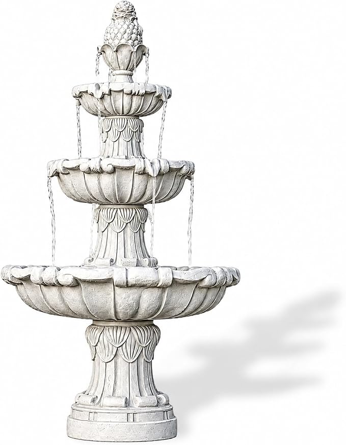 XBrand 58.3" 3-Tier Outdoor Freestanding Water Fountain - Classic Leaf Design, White Resin, Large Bird Bath with Pump - Ideal for Yard, Lawn and Garden, Porch Décor