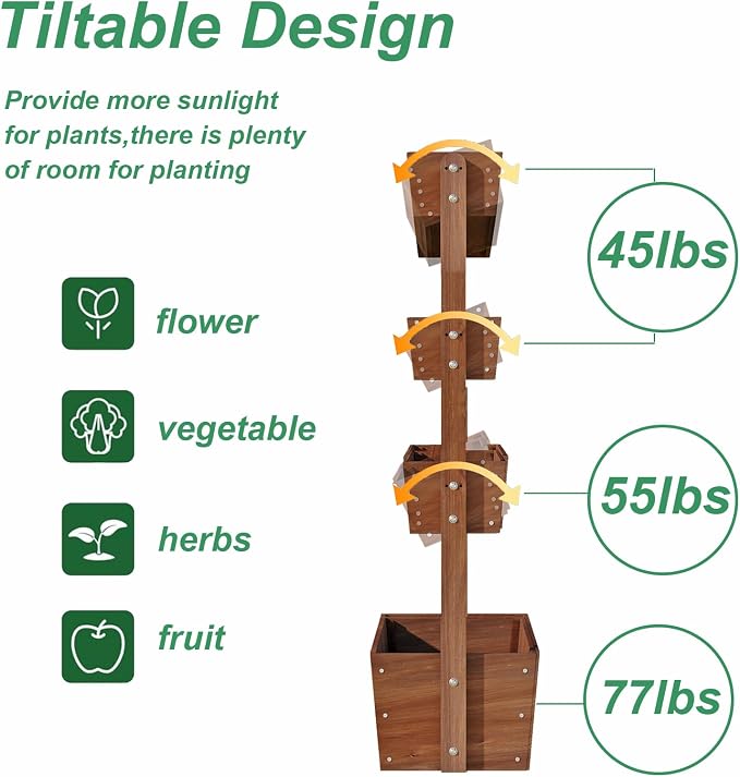 4-Tiers Raised Garden Bed,Vertical Garden Planter,Planter Box,Fir Wood Adjustable Freestanding Elevated Herb Stand Tower,Flower Strawberry Vegetable for Outdoor Balcony,33x17x55 Inches,Brown