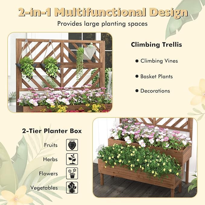Nightcore Outdoor Elevated Garden Bed with Trellis，Raised Garden Bed with Legs & Drain Holes，2-Tier Wooden Planter Box for Vegetable Fruit Herb
