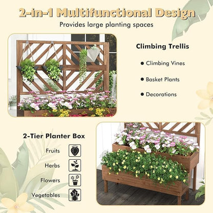 Nightcore Outdoor Elevated Garden Bed with Trellis，Raised Garden Bed with Legs & Drain Holes，2-Tier Wooden Planter Box for Vegetable Fruit Herb