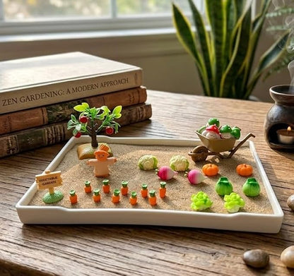 Zen Garden for Desk, Vegetable Sand Tray Kit with Miniatures | Create and rearrange a miniature harvest scene with fine sand, garden figures, tools, and mushroom tic-tac-toe pieces