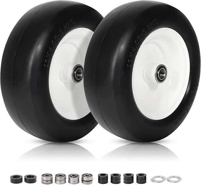 11x4.00-5 Lawn Mower Tires Flat Free, Zero Turn Mower Front Tires, 11x4-5 Solid Mower Wheel for Residential and Commercial, 3/4" or 5/8" Bushings, 3.4"-4"-4.5-5" Centered Hub, 2 Pack