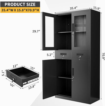71" Black Metal Storage Cabinet with Glass Doors, Garage Storage with 2 Drawers + 2 Adjustable Shelves, Heavy Duty Tool Cabinet with Locking Doors for School, Workshop, Office, Black