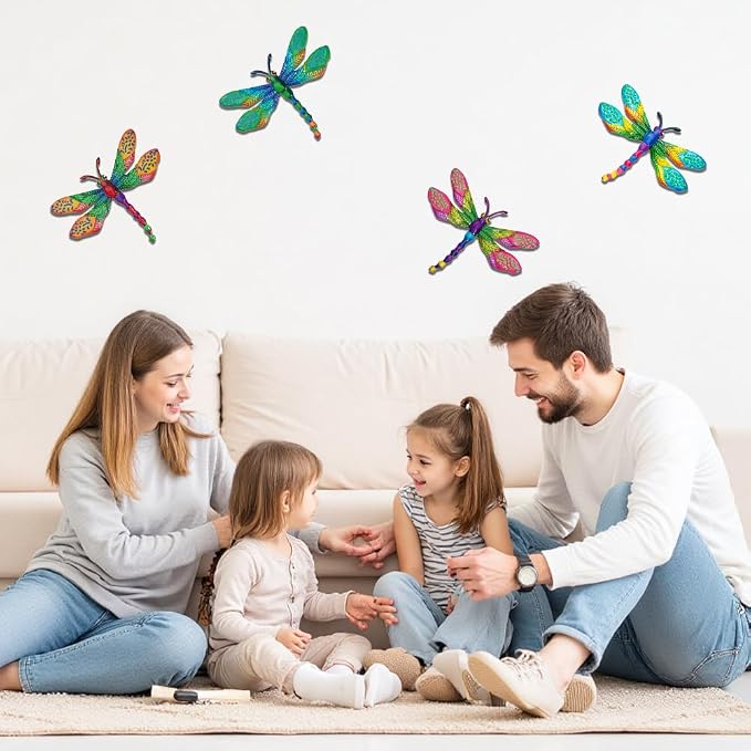 dreamskip 4 PCs Metal Dragonfly Wall Decor Art, Dragonflies Outdoor Wall Art with Colorful Leaves, Hand Painted Outdoor Decor For Garden Yard Fence Patio Outside Decoration