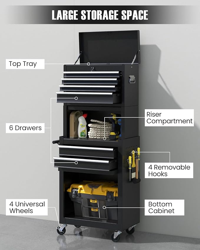 ARNOT 2-in-1 Rolling Tool Chest with 5 Drawers, Heavy-Duty Metal Tool Box with Wheels, Detachable Top Tool Box & Rolling Tool Cabinet for Garage, DIY (6-Drawers Whith Middle Box, Black)