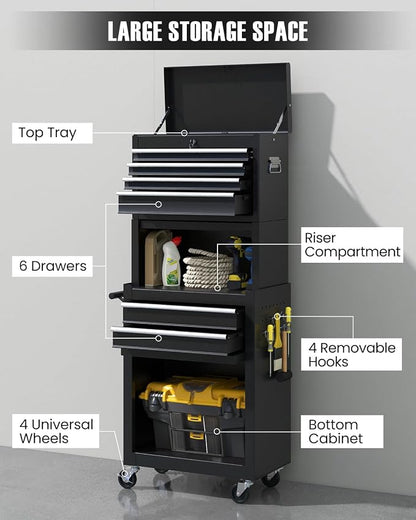 ARNOT 2-in-1 Rolling Tool Chest with 5 Drawers, Heavy-Duty Metal Tool Box with Wheels, Detachable Top Tool Box & Rolling Tool Cabinet for Garage, DIY (6-Drawers Whith Middle Box, Black)