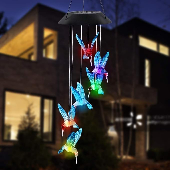 MorTime LED Solar Hummingbird Wind Chime, 25" Outdoor Hanging Wind Chime for Patio Lawn Garden Decorations, Automatic Light Changing Color (Blue Hummingbird)