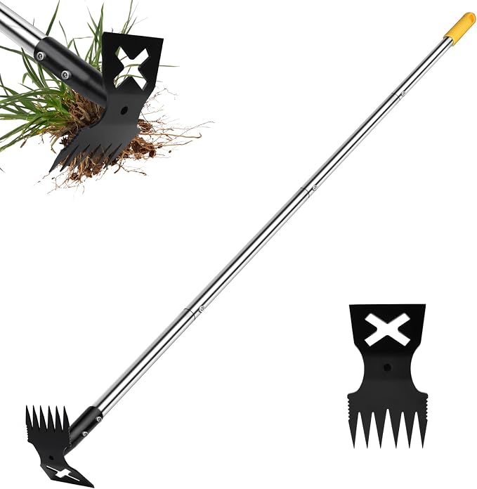 Weed Puller Tool with Long Handle, 60" Manual Weeding Tools Gardening, 2 in 1 Hand Weed Rake and Hoe Garden Weeder Tool, Uprooting Pulling Weed Remover Tool for Yard, Patio, Lawn and Garden (Yellow)