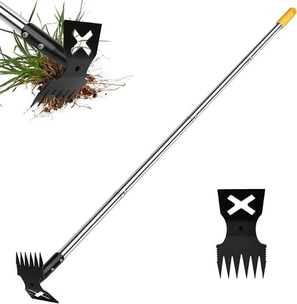 Weed Puller Tool with Long Handle, 60" Manual Weeding Tools Gardening, 2 in 1 Hand Weed Rake and Hoe Garden Weeder Tool, Uprooting Pulling Weed Remover Tool for Yard, Patio, Lawn and Garden (Yellow)