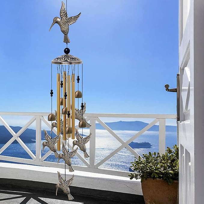 Large Hummingbird Wind Chimes Outdoor Indoor Decor -With 4 Tubes 6 Bells 7 Hummingbirds, Mobile Wind Catcher, Hummingbird Wind Bell for Home, Xmas Mom Gifts, Festival, Balcony, Tree, Garden Decoration