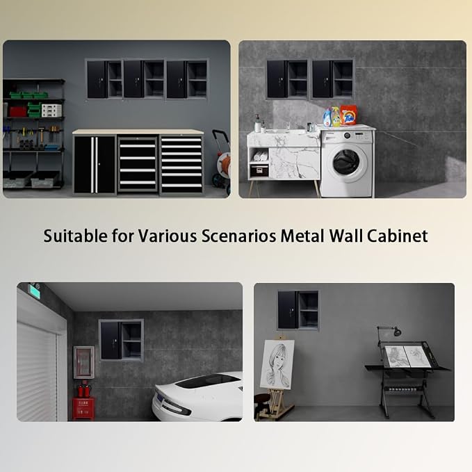 Metal Wall Cabinet Lockable Steel Cabinet Included 2 Removable Shelves Steel Cabinet Black&Grey for Garage Basement