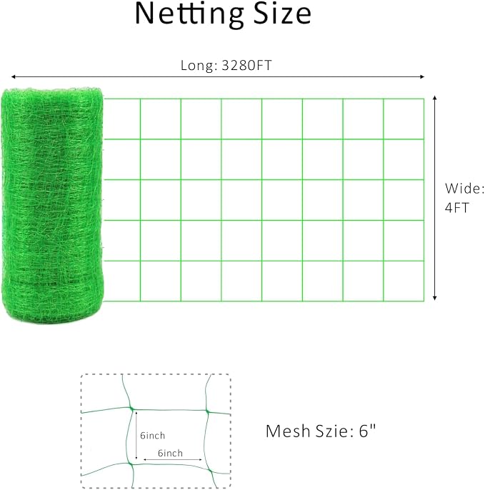 Toolazy Trellis Netting Roll 4ft x 3280ft Green - Heavy Duty 6" Mesh Plant Support Net for Climbing Vegetables, Scrog Netting for Grow Tent Tomato Cucumber Pea Bean Grape Vine Garden Hydroponic