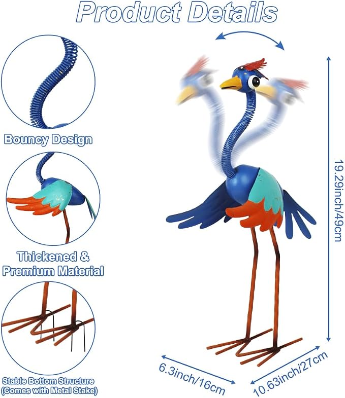 Metal Wacky Heron Garden Statue for Patio, Backyard, Lawn | 19‘’ Crane Garden Decor for Outside, Waterproof Bird Yard Art, Blue & Cyan