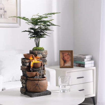 Indoor Fountain 4-Bowl Rockery Soothing Sound Tabletop Fountains Home/Office Decor with a Small Plastic Pot to Grow The Plant by Yourself(Automatic Watering)(23001)