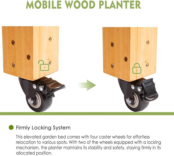 FORTUNO Raised Garden Bed with Wheels 48"x24"x33" Large Wood Planter Box with Legs Outdoor Mobile Wooden Elevated Raised Beds for Vegetable Flower, Standing Gardening Box with Liner for Patio, Deck