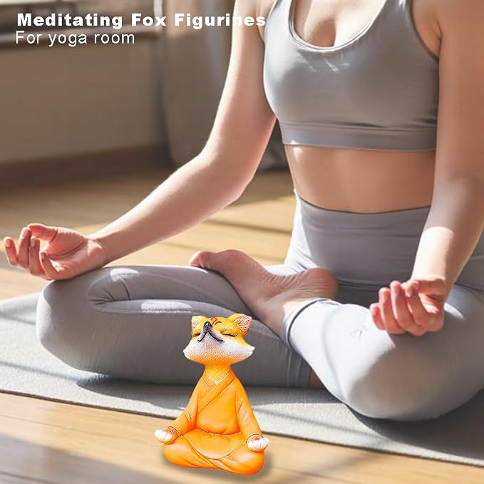 Orange Resin Fox Statue, Zen Yoga Figurine for Desktop & Garden | Mini meditative accents, garden & fox statues, fox figurines, spiritual gifts, feng shui shelf decor for plant & yoga lovers