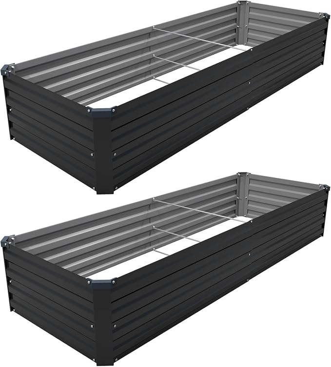 2PCS 8x2x1ft Galvanized Raised Garden Bed Kit,Gardening Planter Box | Outdoor Elevated Metal Planter Box For Vegetables, Flowers, Herbs, Anti-Rust Galvanized Steel, Open Drainage, Sturdy (Black)